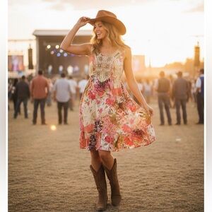 Forbidden Pink & Brown Floral Boho Flowy Indie Beaded Festival Dress Size Medium